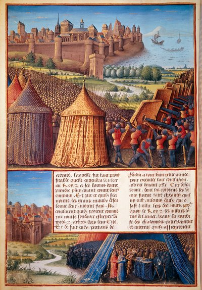 第二次十字軍：ボードゥアン3世（1131-1162）による1153年のアスカロン包囲戦の様子。ミニチュアはSebastien Mamerotの「Les passages faits Outremer par les Turks et autres Sarrazins et Moures Outremarine」からの引用。 作： Unknown artist