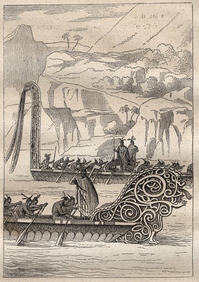 キャプテン・ジェームズ・クック（1728-1779）による第2回目の航海（1772-1775）。ネオ・ゼランディーズの戦争用カヌー（Neo Zelandaises） - イラストは "The Great Mariners of the 18th century "より引用 作： Unknown artist