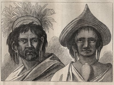 キャプテン・ジェームズ・クック（1728-1779）の第2回目の航海（1772-1775）：イースター島の男女 - "The Great Mariners of 18th century "より引用 作： Unknown artist