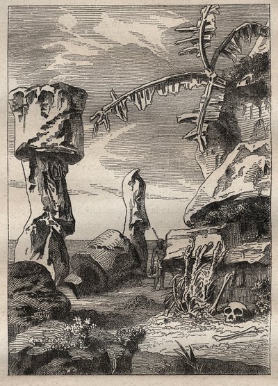 キャプテン・ジェームズ・クック（1728-1779）の第2回目の航海（1772-1775）：イースター島のモニュメント（モニュメント像、モアイ） - 図版は "The Great Mariners of 18th century "より引用。 作： Unknown artist