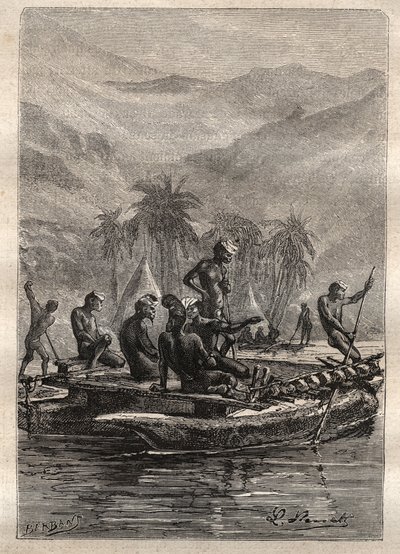 キャプテン・ジェームズ・クック（1728-1779）の第2回目の航海（1772-1775）：原住民は十分な自信を持って近づき、交流した（ニューカレドニア）-イラストは "The Great Mariners of 18th century "より引用 作： Unknown artist