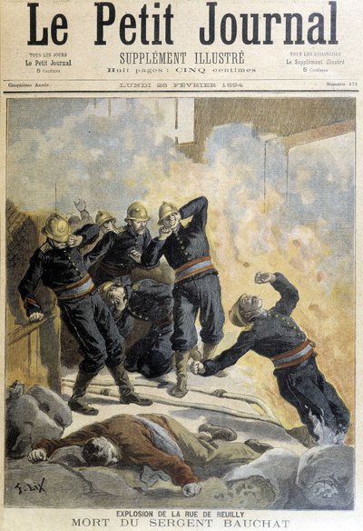 ボウシャ軍曹はルイィ通りの爆発事故の後、消防隊員の間で亡くなった。1894年の "リトル・ジャーナル "のイラスト。 作： Unknown artist