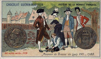 ショコラ・ゲラン・プトロン社のHistoire de la Monnaie Françaiseシリーズ。クロモリトグラフ 19世紀1788年のルイ16世の銅貨 作： Unknown artist