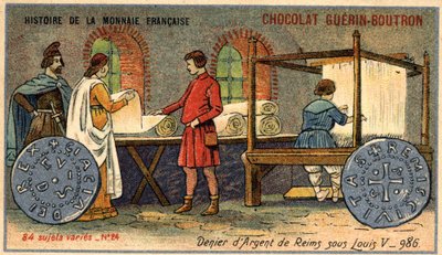 ショコラ・ゲラン・プトロン社のHistoire de la Monnaie Françaiseシリーズ。クロモリトグラフ 19世紀986年のルイ5世時代のランスの銀製デニール 作： Unknown artist
