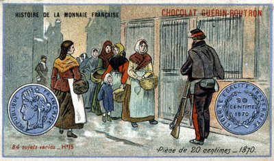 ショコラ・ゲラン・プトロン社のHistoire de la Monnaie Françaiseシリーズ。19世紀のクロモリトグラフ。1870年の20セント硬貨 作： Unknown artist