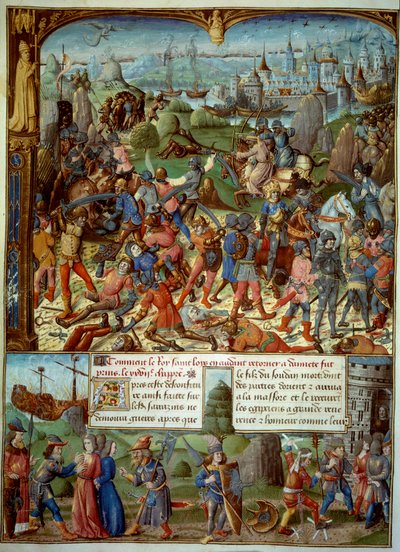第7回十字軍（1248-1254）。上は、1250年にマンスーラでサラセン人に敗れたフランス王ルイ9世（サン・ルイ）（1215-1270）と十字架。ダマスカスの塔の後ろに撤退していった。ルイ9世と2人の兄弟は捕らえられている 作： Unknown artist