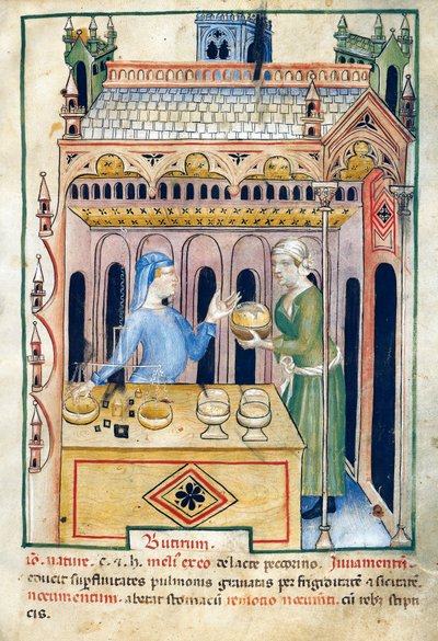 バター パンと 2 人の女性がいる店、Tacuinum sanitatis のイラスト、装飾写本、11 世紀のアラビア語作品のラテン語復刻版 作： Unknown artist