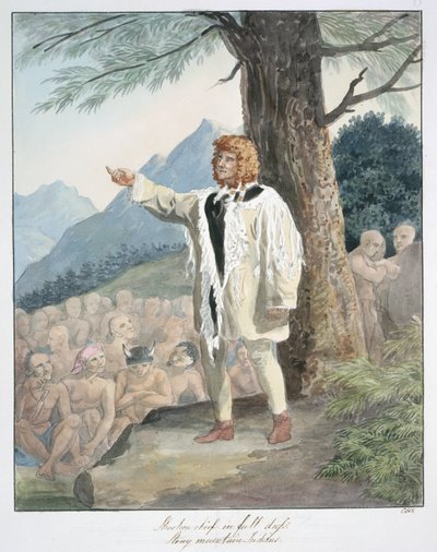 正装したショショーネ族の酋長、ストーニー・マウンテン・インディアン、1843-50年頃（水彩画） 作： Unknown artist