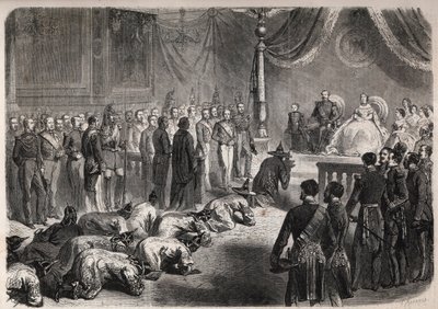 シャム大使は、ナポレオン3世（1808-1873）、ウジェニー（ウジェニア・デ・モンティージョ）、アレクサンドリア（アレクサンドリア）のいるフォンテーヌブローでの厳粛な謁見の際に、フランス皇室に向かって挨拶をした。 作： Unknown artist