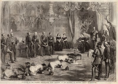 ウィンザー城を訪問したヴィクトリア女王（1819-1901）とアルバート王子（1819-1861）に這い寄るシャム大使たち。1857年12月5日の「The illustrated London News」に掲載された版画。 作： Unknown artist