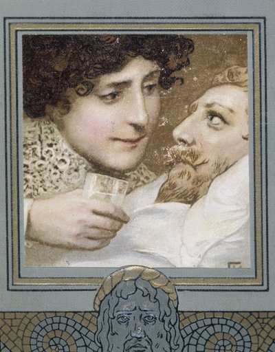 病気の男性と彼に水を飲ませる女性 - 19世紀 作： Unknown artist