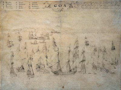 1603年から1639年にかけてオランダ艦隊がポルトガルの植民地ゴアを包囲した際の様子。17世紀の写本 パリ、B.N. 作： Unknown artist