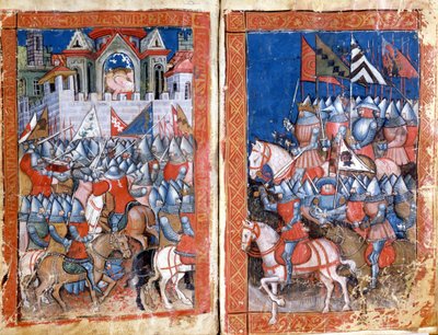シャルルマーニュによるスペイン・パンプローナの包囲 「Entree of Spain」のミニチュア。14世紀ヴェネツィア、ビブリオテカ・マルシアーナ。 作： Unknown artist