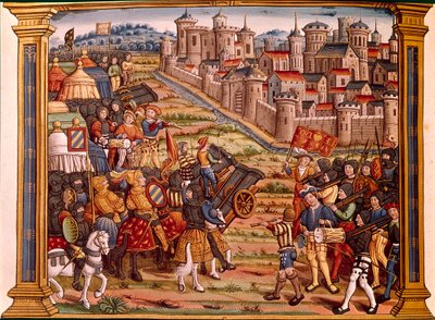 爆弾による都市の包囲。ルイ11世とリエゴワ家の戦い。ミニチュアは "Les epitaphes des feux kings Louis XI of this name and from Charles his son VIII of this name that God absoe "の写本から引用している。 作： Unknown artist
