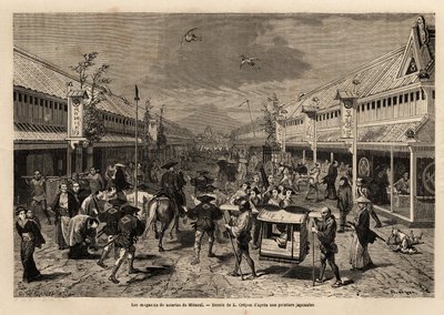 三ツ井の絹織物店の活気、背景には富士山のシルエットが見えます。1863年から1864年にかけて、スイス連邦公使アイム・アンベールが「Le tour du monde, nou」の中で、日本への航海を説明するために描いたもの。 作： Unknown artist
