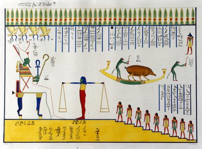 魂はオシリスによって計量され、判断によって自由な魂の元へ飛んでいくか、動物の体に戻って運命的な移動のサイクルを再開することになります。モルク 作： Unknown artist