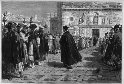 スペイン 1880年：サンティアゴ・デ・コンポステーラ（Santiago de Compostela）の祭礼、バシリカの入り口でのペレランの行列。 作： Unknown artist