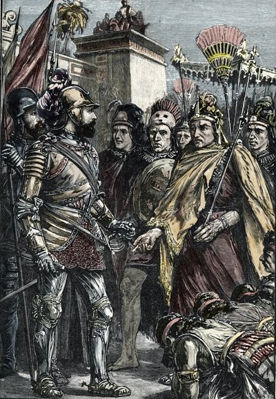 スペインのメキシコ征服：1519年、エルナン・コルテスとモンテスマ2世の会談 作： Unknown artist