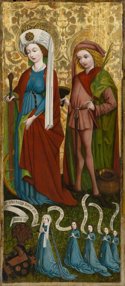 聖カタリナと聖ヴィート、アンナ・フォン・フライバーグとその娘たち、1450年頃（パネルにテンペラと油彩） 作： Unknown artist