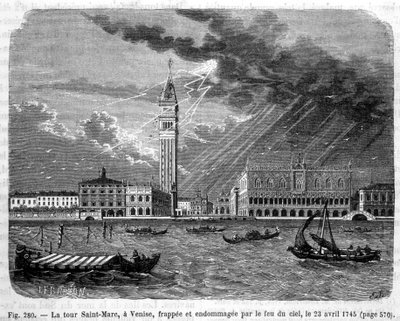 1745年4月23日の天空の火事で被害を受けたヴェネツィアのサン・マルコ塔 - ルイ・フィギエの「科学の驚異」より 作： Unknown artist