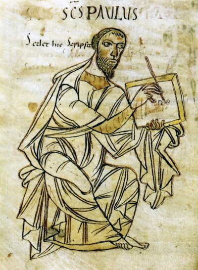 São Paulo escrevendo, de uma versão manuscrita do início do século IX das cartas de São Paulo (pergaminho) 作： Unknown artist