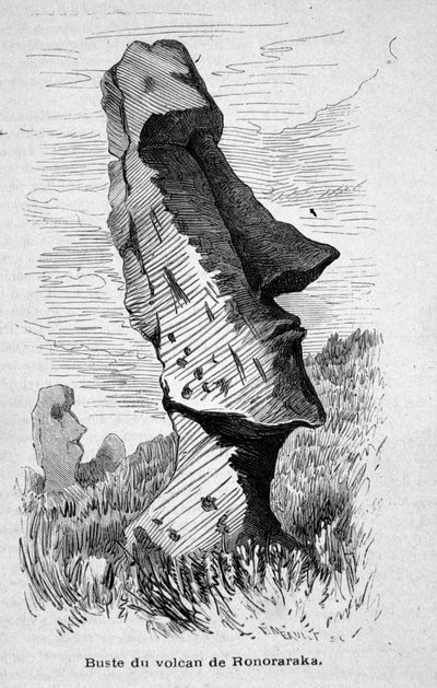イースター島（ラパ・ヌイ島）のロノララカ火山の斜面に設置された彫像。 作： Unknown artist