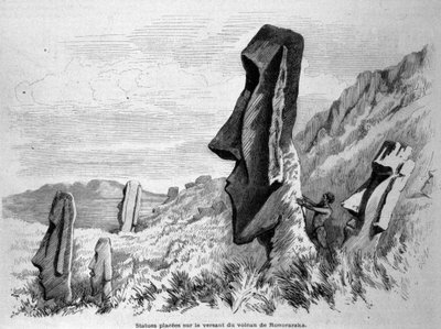 イースター島（ラパ・ヌイ）のロノララカ火山の斜面に置かれた彫像。1871年のエングレーヴィング。 作： Unknown artist