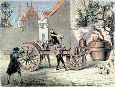 1770年、ニコラ・ジョセフ・キュニョー（1725-1804）が発明した蒸気自動車が暴走して壁の一部を倒した（最初に報告された「自動車事故」）-1896年の「科学のアルバム；著名な科学者；偉大な発見」に掲載 作： Unknown artist