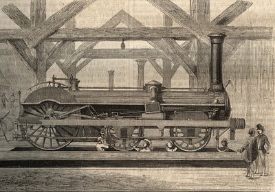 トーマス・ラッセル・クランプトン(1816-1888)と名付けられたクランプトン方式の蒸気機関車模型。1856年に描かれた版画。 作： Unknown artist