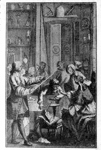 人体の電気伝導率に関するスティーブン・グレイ（1670〜1736）の実験。19世紀のエングレービング。 作： Unknown artist