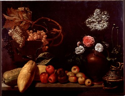 バラ、シュラブの花、レモン、ブドウのある静物画（絵画 作： Unknown artist