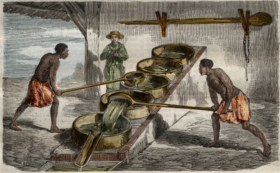 製糖：西インド諸島の製糖工場でサトウキビ汁を煮るボイラー。1859年、"Le Musee Des Sciences "に所蔵されている。 作： Unknown Artist