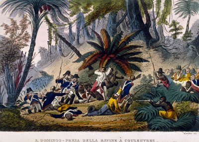 1802年2月23日、ルーヴルのラ・ラヴィーンで撮影。ルクレール遠征隊は、「トゥーサン・ルーヴェルチュール」（Toussaint Louverture）として知られるフランソワ・ドミニク・トゥーサン（Francois Dominique Toussaint）の部隊を包囲しています。 作： Unknown artist