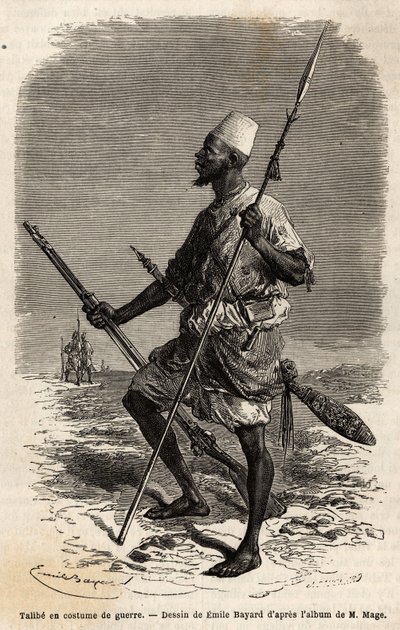 軍服を着たアフマドゥ（トゥクレール）王の軍隊のタリベ（クルアーンを学ぶ若い学生）。1863-1866年のM.Mage中尉（海軍）の西スーダンへの航海を描いた版画（「Le tour du monde, nouveau journal des voyage 作： Unknown artist