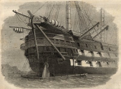 電信：最初の大西洋横断ケーブルを敷設する船H.M.S. "アガメムノン "の船尾の様子。6月5日付「イラストレイテッド・ロンドン・ニュース」に掲載された図版 作： Unknown artist