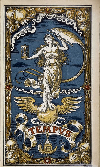 テンパス：時間のアレゴリー（砂時計、風、翼を持った女性像）、1889年のカレンダー用イラスト。 作： Unknown artist