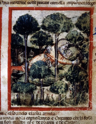 Thamar (Tamar) is possessed by Amnon (Ammon)" コーデックス212 (or padovano codice or Bible of Padua) 1390-1400 Rovigo, Accademia dei Concordi からのミニチュア。 作： Unknown artist