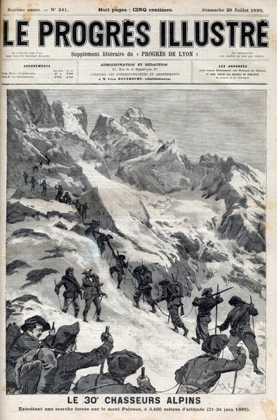 1895年6月21日から24日にかけて、標高3400メートルのペルブー山で強行軍を行った第30回アルパイン・ハンターたち - 1895年の「Le Progres illustrious」誌に掲載された刻印 作： Unknown artist