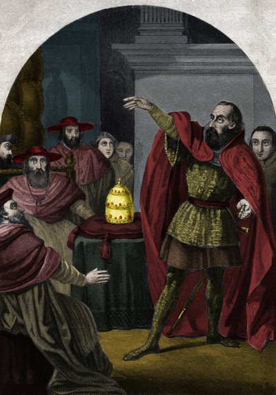 反教皇ヨハネ23世（Antipapa Giovanni 23）（1410-1415）（Baldassarre Cossa）は、1410年のピサ公会議で主権者として宣言された。モーリス・ラシャトレの「Histoire des popes」に掲載されている1842年のエングレーヴィング。個人蔵。 作： Unknown artist