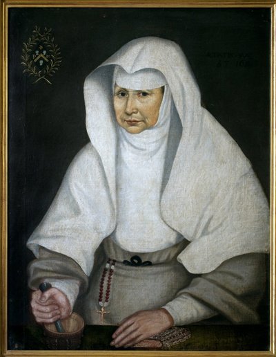 ホテル・デュー・ド・ボーヌの薬剤師シスター・ピエレット・モネ（1557-1628）。乳鉢と乳棒を持った姿で描かれている。匿名の絵画、油彩・キャンバス 作： Unknown artist