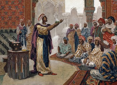 アラブの錬金術師ゲベール(Jâbir ibn Hayyan) (v721-v815), einching chemistry.バルセロナ 1881 作： Unknown artist