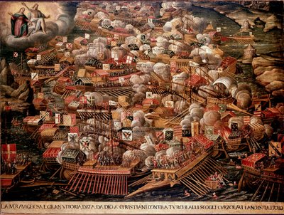 ギリシャ沖のレパンテの戦いでは、1571年にスペイン、ヴェネツィア、ローマ教皇の各軍がオスマン・トルコと対立しました。匿名の絵画。16世紀ヴェネツィア・コッレール美術館 作： Unknown artist