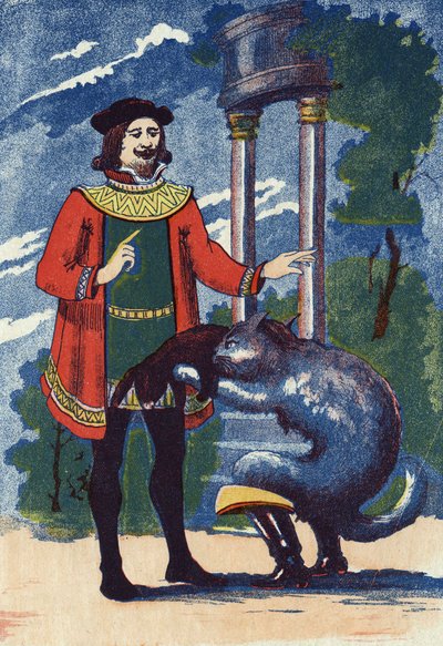 ブーツ猫は王様にウサギを差し出します。フランスの作家、シャルル・ペロー（1628-1703）の物語「ブーツ猫」の挿絵。匿名のイラスト。イメージ：Marcel Vagne, Jarville Nancy, undated (19世紀後半). 作： Unknown artist