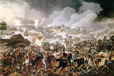1815年6月18日、ウェリントン公爵（1769～1852）が指揮するイギリス軍は、ナポレオン1世のフランス軍とのワーテルローの戦いに勝利した。当時のエングレーヴィング。 作： Unknown artist