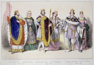 カペティアン家。左から順に、ルイ6世は「グロ」（1081～1137年）、アデレードまたはアリクス・ド・サヴォア（？～1154年）、ルイ7世は「若」（1120～1180年）、アリクス・ド・シャンパーニュ（1140～1206年）、フィリップ2世は「アウグストゥス」（1165～1223年）、イザベル・ド・ハイノー（1170～1190年）。 作： Unknown artist