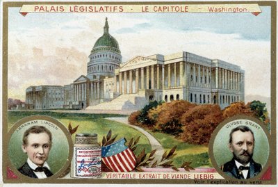 リンカーン（1809-1865）とユリシーズ・グラント（1822-1885）の肖像が描かれたワシントン（米国）のアメリカ議会議事堂 - リービッヒ・クロモリトグラフィー 作： Unknown artist