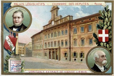 カミッロ・ベンソ・デ・カヴール伯爵（1810-1861）とフランチェスコ・クリスピ（1819-1901）の肖像画があるローマ（イタリア）の代議士会 - リービッヒ・クロモリトグラフィー 作： Unknown artist