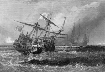 1602年7月1日、モルディブ諸島の岩礁で遭難したコービン号。ヴァン・テナックの「海軍の一般史」では 作： Unknown artist