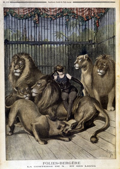 パリのフォリー・ベルジェールのショーに登場したX伯爵夫人と彼女の獅子たち。1895年5月19日のLe petit Journalに掲載されています。 作： Unknown artist