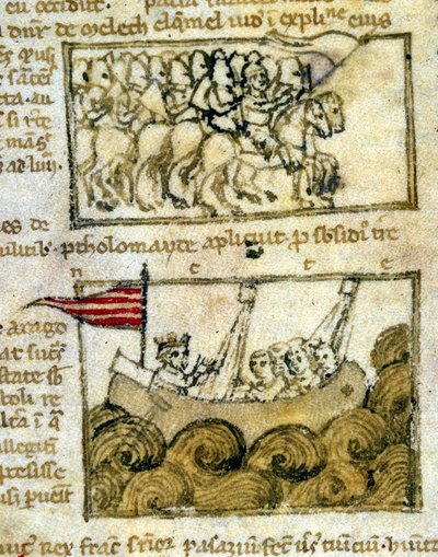 聖地を旅する十字軍。Peregrinationem in Terram Sanctam "より。12世紀の写本。ヴェネツィア、マルシアナ図書館。 作： Unknown artist
